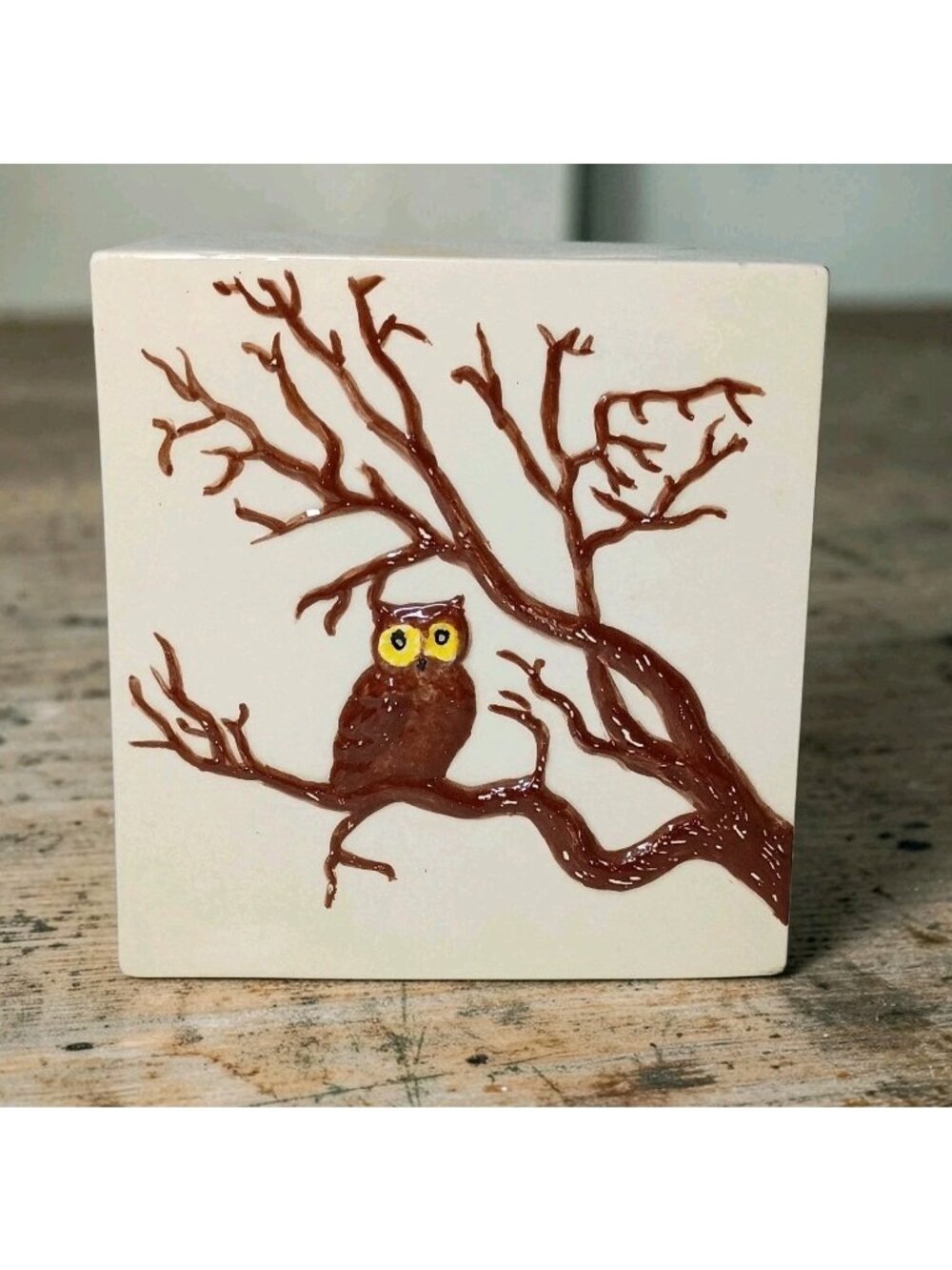 Ceramic Raised Relief Owl in Tree Tissue Cover Fall Handpainted Fall READ